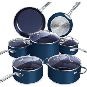 Nuwave Healthy Duralon Blue Ceramic Nonstick 12pc Cookware Set,Diamond Infused Scratch-Resistant,PFAS Free,Dishwasher & Oven Safe,Induction Ready & Evenly Heats, Tempered Glass Lids, Stay-Cool Handles, Deep Blue, 12pc Cookware Set, Cookware Set