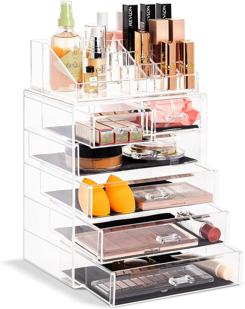 Sorbus Acrylic Makeup Organizer Set, 6-Drawer Vanity & Countertop Cosmetic Storage with Small & Wide Compartments, Clear Makeup Storage for Brushes, Lipsticks, Jewelry  Holiday Gift for Women & Teens (4 Large, 2 Small Drawers)