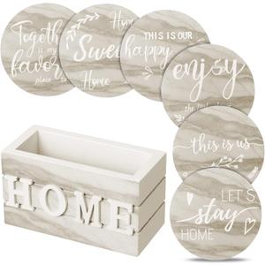 Queekay Coasters Set of 6 House Warming Gifts New Home Wooden Farmhouse Drink Coasters with Holder 4'' Funny Decoration for Kitchen Family Coffee Bar Tabletop Protection(Brown Marble)