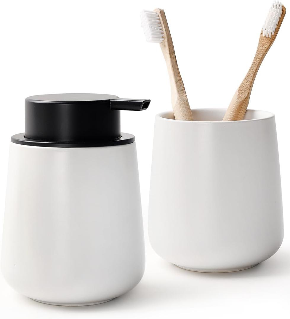 Bosilunlife Soap and Toothbrush Holder Set - Ceramic Bathroom Accessories Set White Foaming Hand Soap Dispenser Set Bathroom Counter Toothbrush Holder and Soap Dispenser Set