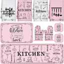 Fourluoo 10 Pcs Funny Pink Kitchen Decor Set 4 This Kitchen is Seasoned with Love Dish Towel 2 Pot Holders with Sayings 2 Oven Mitts Glove Rustic Non Slip Rug and Mat for Home Decoration Mom Gift