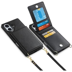 Vofolen for iPhone 16 Case Wallet with Card Holder Crossbody Lanyard Strap Leather with Magnetic Clasp Kickstand Heavy Duty Shockproof Protective Flip Cover for iPhone 16 Phone Case for Women, Black