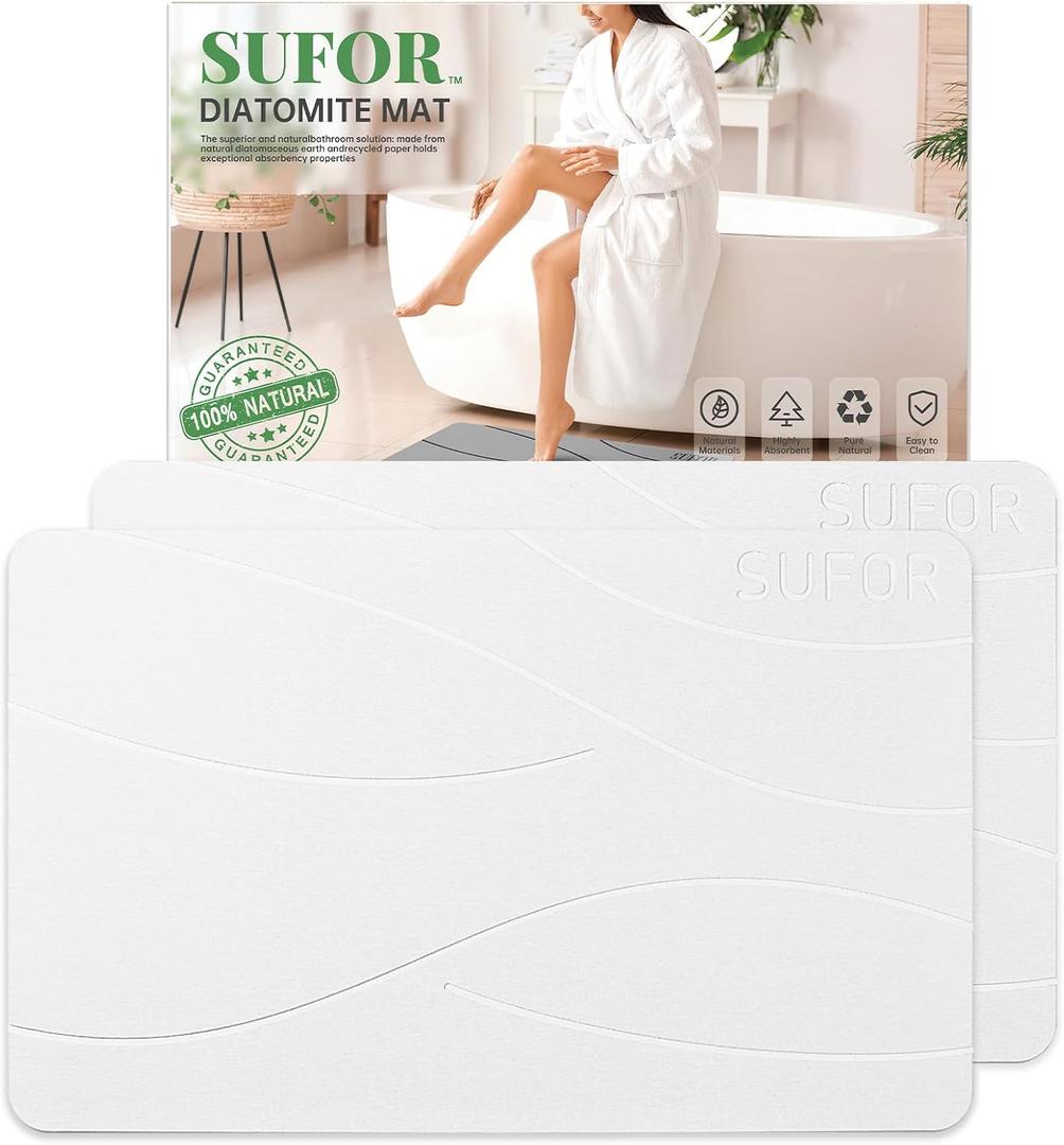 32"x20" Stone Bath Mat 2Pack, Diatomaceous Earth Shower Mat, Non-Slip Super Absorbent Quick Drying Bathroom Floor Mat, Natural, Easy to Clean (Milky White)