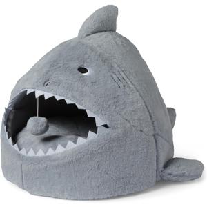 Amazon Basics Shark Shape Cat House for Indoor Cats, Enclosed Design Helps Reduce Anxiety in Nervous Pets, with Washable Cushioned Pillow, 17" x 16" x 14", Grey