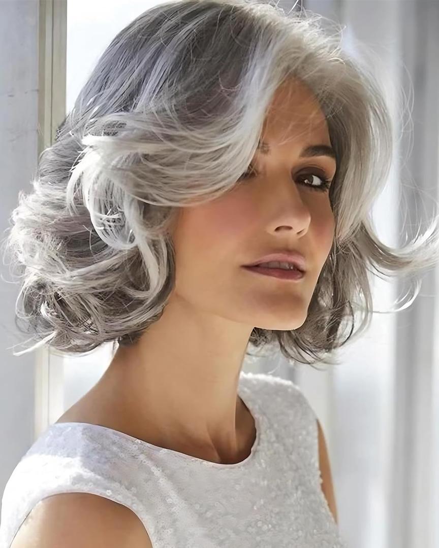 RENERSHOW Mid-length Grey Wavy Bob Wigs for Women Short Gray Curly Wig Synthetic Salt and Pepper Wigs Average Size Realistic Natural Daily Party Wigs for Older Women with Silver White Bangs(10-12inch)