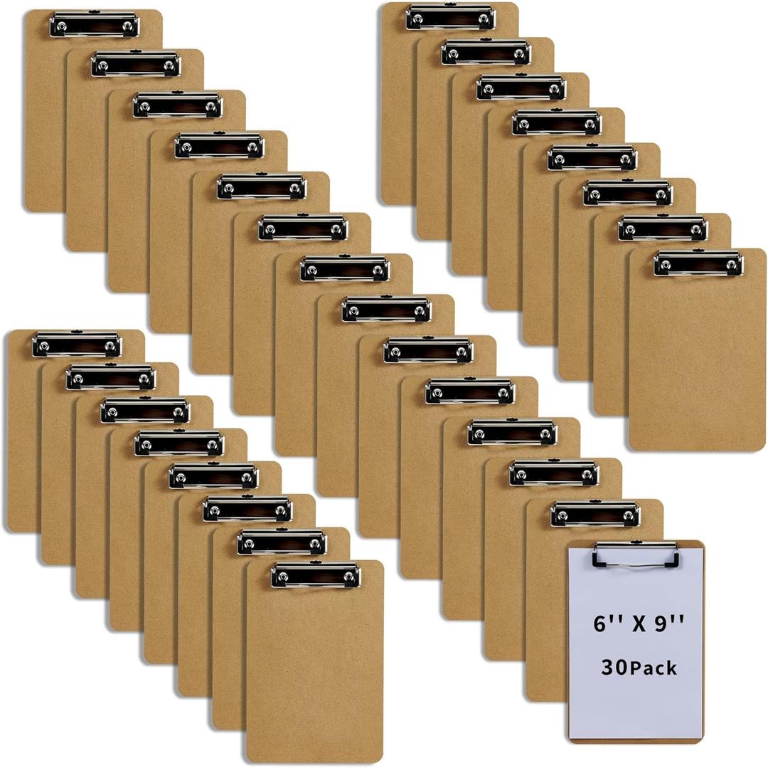 Binditek 30 Pack Mini Clipboards, Eco-Friendly Wood Hardboard with Low Profile Clip, 6 x 9 Inches Small Clipboards for Home, Office, School Classroom Supplies, Brown