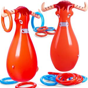 Inflatable Bull Toss Ring Game Set Include 2 Inflatable Bull 12 Rings for Summer Outdoor Beach Pool Cowboy Fiesta Rodeo Party