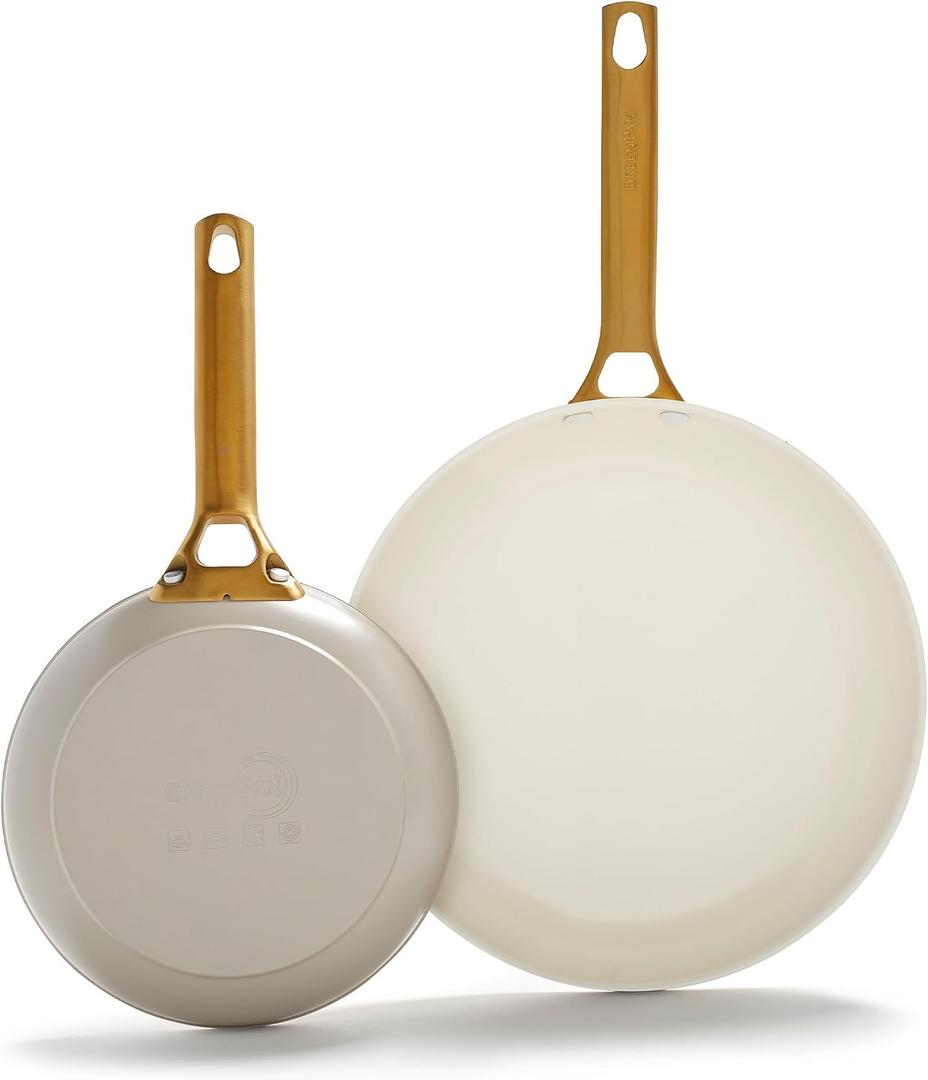 GreenPan Hard Anodized Healthy Ceramic Nonstick 8" and 10" Frying Pan Skillet Set, Gold Handle, PFAS-Free, Dishwasher Safe, Oven Safe, Taupe