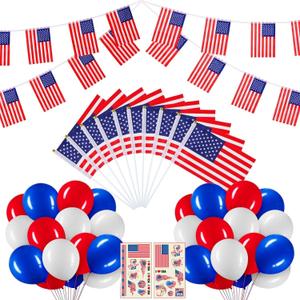 2 x 4th of July Decorations 33ft American String Flags Banner+ 10Pcs Handheld USA Stick Flag+ 30Pcs Red White Blue Balloons+2 Sheet Stickers Party Decor for 4th of July America Patriotic Day Memorial Day