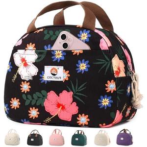 CaCTOUR Lunch Box for Women Girls Teens,Cute Lunch Box Cooler Bag, Portable Insulated Small Lunch Bag Women Reusable Corduroy Lunch Tote for Work/Travel/Picnic/School (Flower)