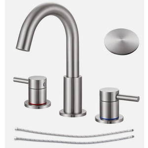 KZH Pull Out Bathroom Faucet for Sink 3 Hole 8 inch Spread Brushed Nickel, Bathroom Sink Faucet with Pop Up Drain, Widespread Faucet with Water Supply Hoses