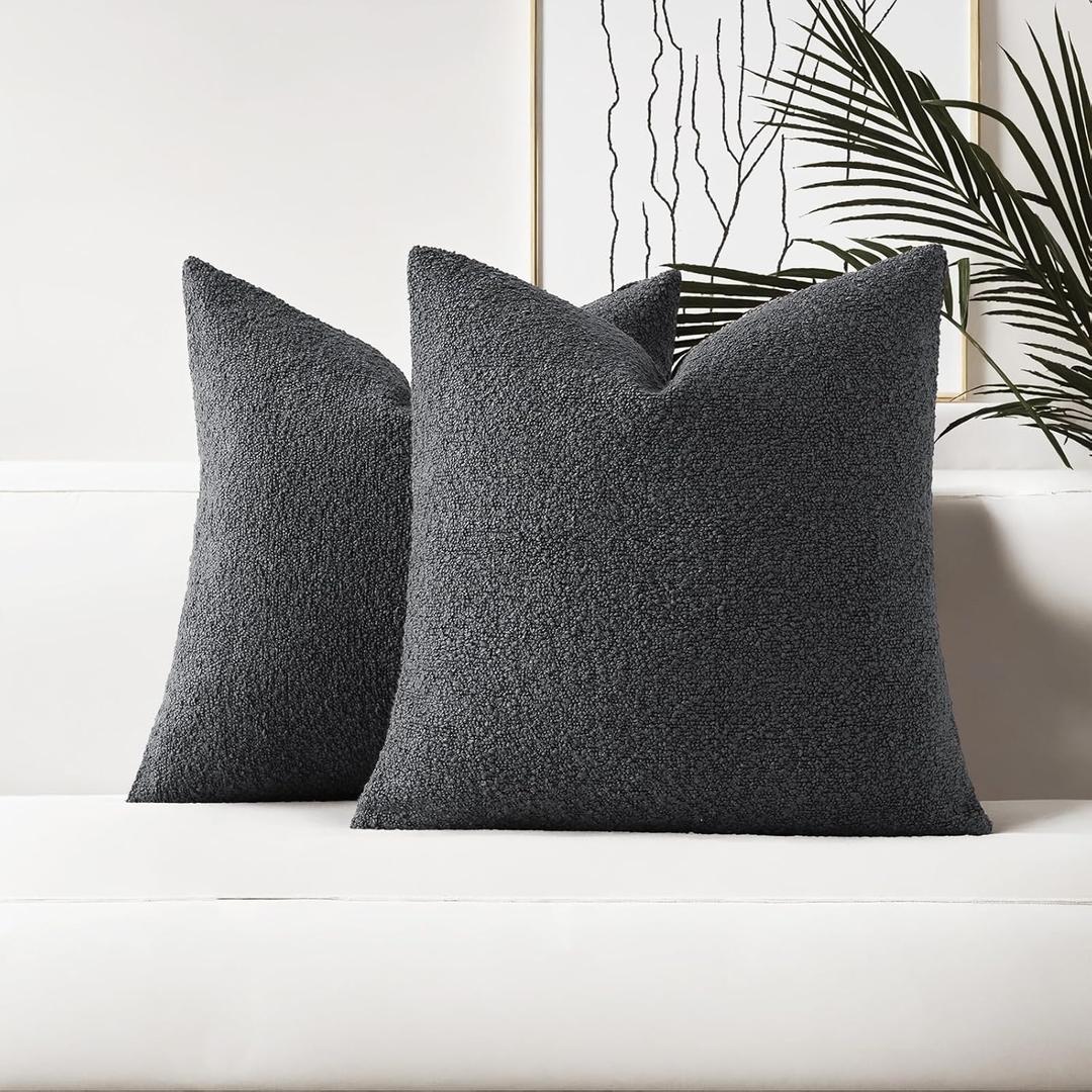 HAUSSY Pack of 2 Pillow Covers 18x18 Inch, Boucle Decorative Throw Pillows Soft Boho Neutral Cushion Covers Home Decor Modern Pillow Cases for Couch Living Room Sofa Bed, Dark Grey (Covers Only)