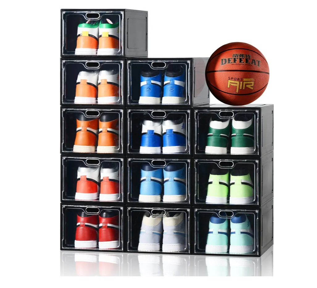 12 Pack Large Shoe Storage Box, Clear Shoe Storage Organizer with Magnetic Door, Stackable,Shoe Containers For Display Sneakers, Easy Assembly, Fit up to US Size 12, Black