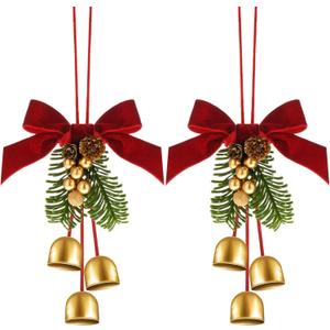 Daifunli 2 Pcs Christmas Wreath Bows with Jingle Bells and Pinecone Hanging Christmas Tree Topper Xmas Bow Pine Cones with Bell Pendant Decorative Bows Ornament for Party Decoration Kitchen Cabinet