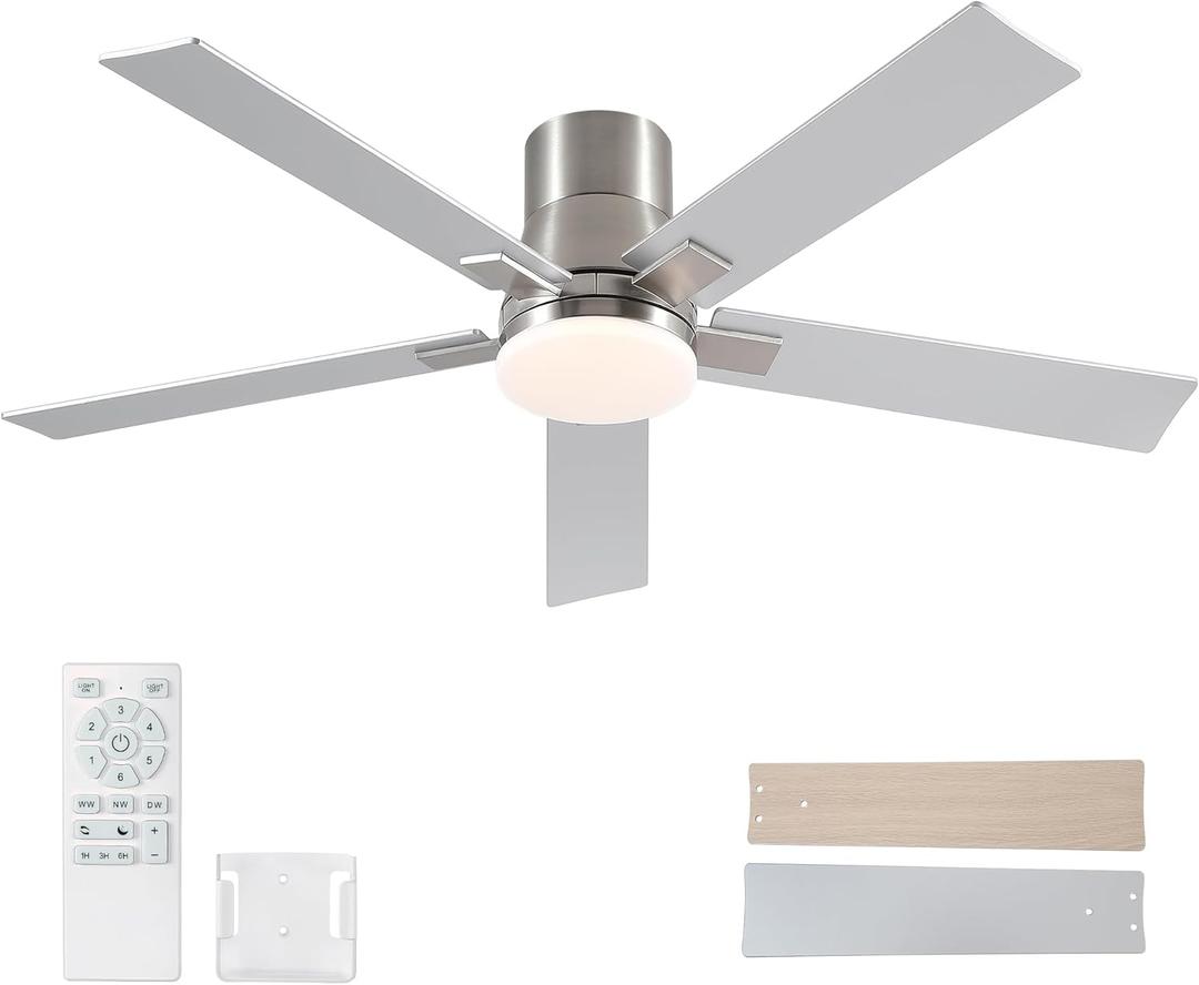 52 Inch Ceiling Fans with Lights and Remote,Flush Mount Brushed Nickel Ceiling Fan,6 Speed Reversible DC Motor, 3CCT Dimmable LED-Low Profile Design for Bedroom, Living room & Covered Outdoor