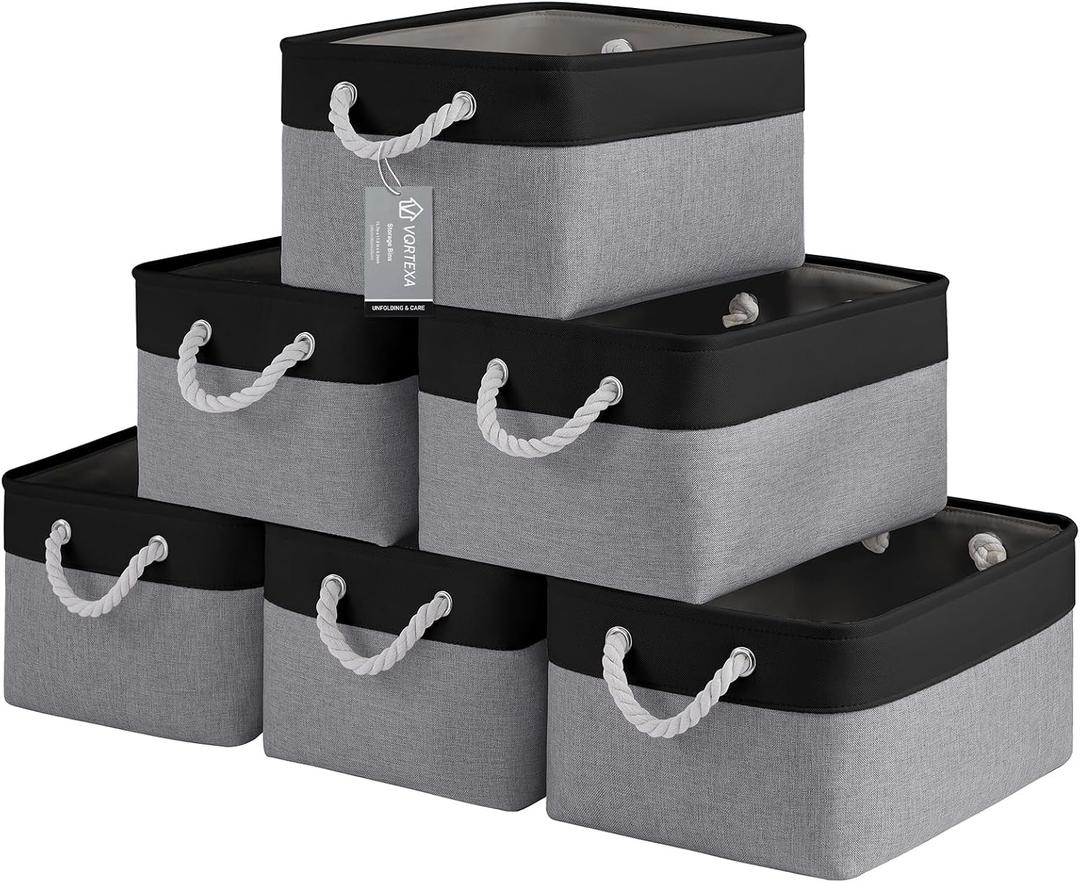 Large Storage Baskets- 15.7x11.8x8.26 inch Storage Bins for Shelves and Closet Organizing, Foldable Fabric Bin for Home Organization Clothes and Laundry (6-Pack, Black&Gray)