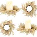 Panelee 4 Pcs Pampas Grass Candle Rings Wreath Faux Pampas Grass Candleholders 3.9 Inch Small Boho Wreath Artificial Greenery Candle Rings for Wedding Home Decor Fall Tabletop Farmhouse Decor