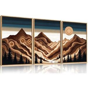 BICERE Large Abstract Mountain Woodcut Framed Canvas Wall Art, Modern Tree Ring Wall Decor, Sunrise Ridge Scenery Painting, Retro Desert Artwork for Living Room, Bedroom, Dining Room, Office -24"x36"x3