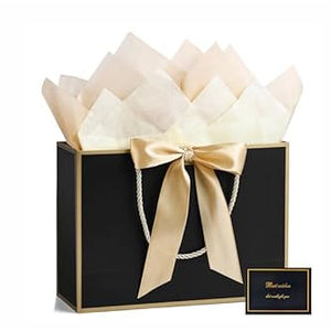 YoungTree 1PCS Large Gift Bag with Ribbon and 1 Greeting Card 2 Tissue Papers, Portable Paper Gift Bag with Handles, Birthday Gift Bags, Present Bags for Wedding Party, Mothers Day12.6" x 9.8" x 3.9"(Black-Gold)