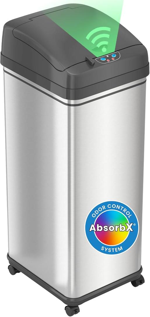 iTouchless Glide 13 Gallon Sensor Garbage Can with Wheels and Odor Control System, Stainless Steel, Automatic Kitchen Bin and Office Trash Bin (Powered by Battery or Optional AC Adapter)