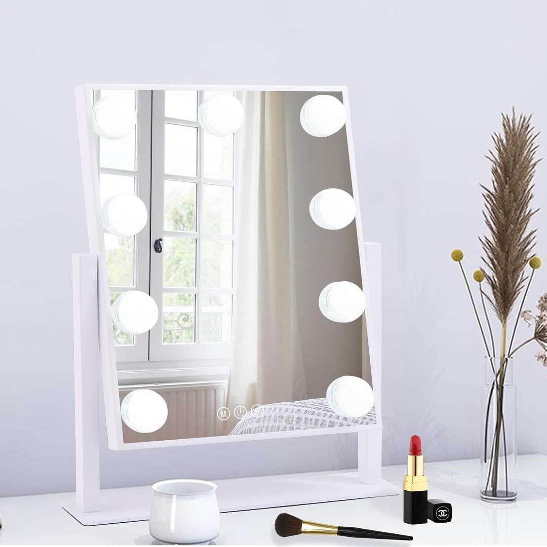 BWLLNI Lighted Makeup Mirror Hollywood Mirror Vanity Mirror with Lights, Touch Control Design 3 Colors Dimable LED Bulbs, Detachable 10X Magnification, 360Rotation, (White) 12" L x 14" W