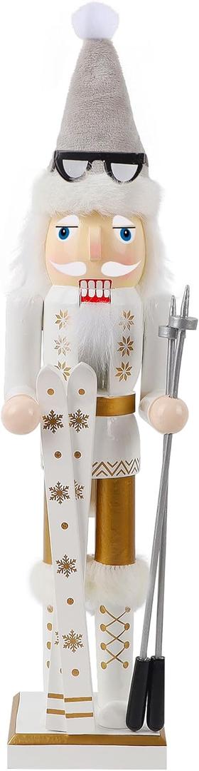 Joliyoou 15 inch Christmas Nutcracker, Wooden Nutcracker Skier Wearing A White Ski Suit, Traditional Hand-Painted Festive Decorations for Table, Mantel and Xmas Party