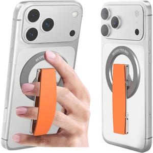 RESPECTED-BRO-Magnetic-Phone-Grip-Stand, Magnetic Phone Ring Holder Kickstand with Silicone Finger Strap, Compatibility for iPhone 17/16/15/14/13/12, Android, and More (Orange)