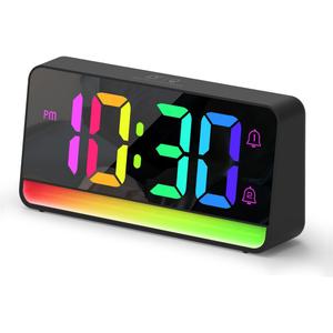 ALANAS Large RGB Digital Alarm Clock with Dynamic Color Changing Mood Lights, Dual Alarms, Snooze, Adjustable Volume & Brightness, USB Ports, DST, Plug in Clock for Bedrooms, Home Office Desk Decor