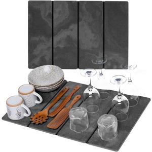 Large Black Stone Dish Drying Mat - Foldable & Water Absorbing Dish Drying Mat with Cleaning Tools, Anti-Slip, Stain Resistant, Easy-Clean, Kitchen Drying Mat and Highly Absorbent Bath Mat 24" x 16"