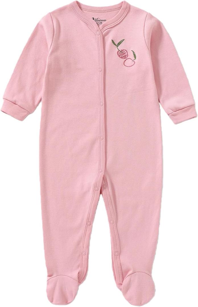 Minicoco Baby Girl Footies Romper - 100% Cotton, Soft Casual Outfit with Cute Designs for Newborn to 24 Months Infant Girls, Pink