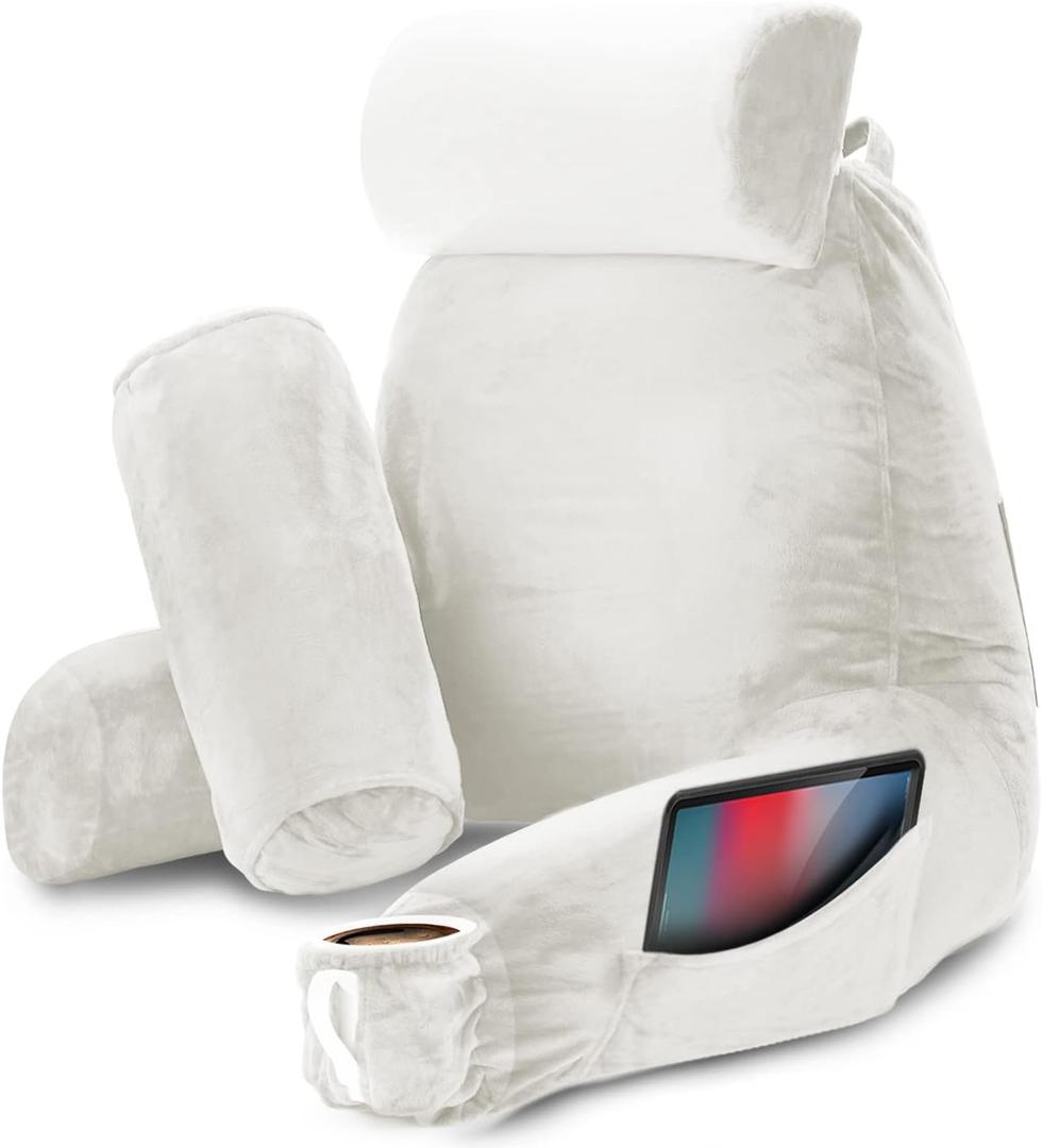 Nestl Reading Pillow with Shredded Memory Foam Includes 2 Neck and Lumber Support Pillows, Designed for Sitting Up in Bed and Couch, Back and Arms Adjustable Support for Adult & Teens, White, Large 22"