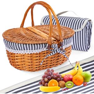 Wicker Picnic Basket with Handle, 15" Large Picnic Basket with Lid & Removable Liner, Vintage Hand Woven Basket with Blanket for Picnics, Camping, Thanksgiving, and Birthday (3-person, Grey-white Stripes)