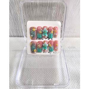 Medium Square Press on Nails Handmade Fake Nails Blue French Tip with 3D Flower Designs luxury ocean Glossy Cute Acrylic Nails for Women 10pcs (Size M）