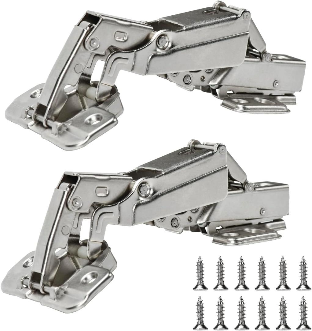 BADALU 175 Degree Kitchen Cabinet Hinges (1 Pair, 2 PCS) Concealed Hydraulic Adjustable Mounting, Soft Closing Nickel-Plated Steel Buffer Dampers for Frameless Cabinet Doors(Detachable Full Overlay)