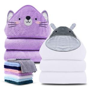 Cute Castle 2 Pack Hooded Baby Towel Rayon Made from Bamboo with 8 Washcloths - Soft Bath Towel for Bathtub for Babie, Newborn, Infant, Natural Baby Stuff Towel (Hippo and Cat)