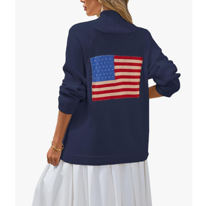 Women's American Flag Cardigan Long Sleeve Shawl Collar Button Down Fall Chunky Knit Varsity Sweater, L