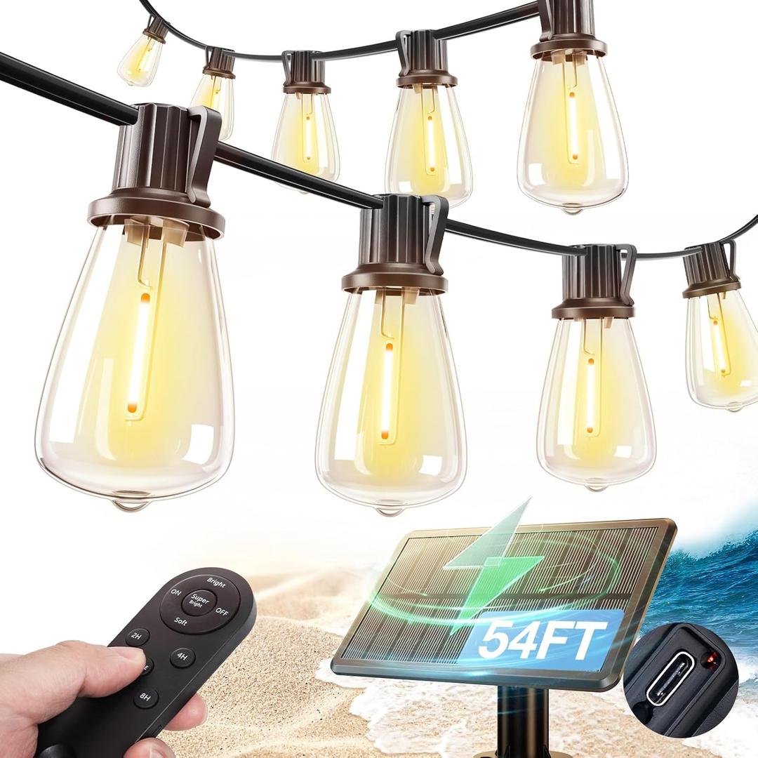 addlon 54FT(48+6) Solar String Lights Outdoor Waterproof with USB Port & Remote Control Dimmable Solar Patio Lights IP65 Solar Powered Edison LED Bulbs for Outside Bistro Camping