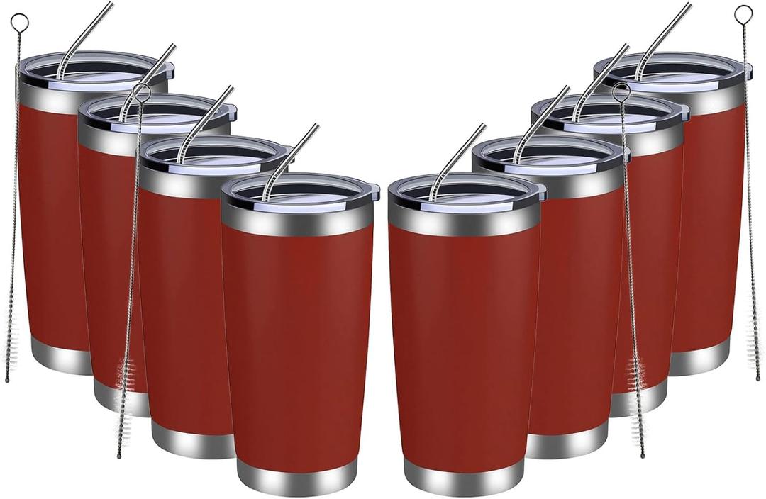 MEWAY 20oz Tumbler 8 Pack Double Wall Vacuum Insulated Travel Mug Bulk, Stainless Steel Tumblers with Lid and Straw, Powder Coated Coffee Cups for Cold & Hot Drinks (Red, Set of 8)