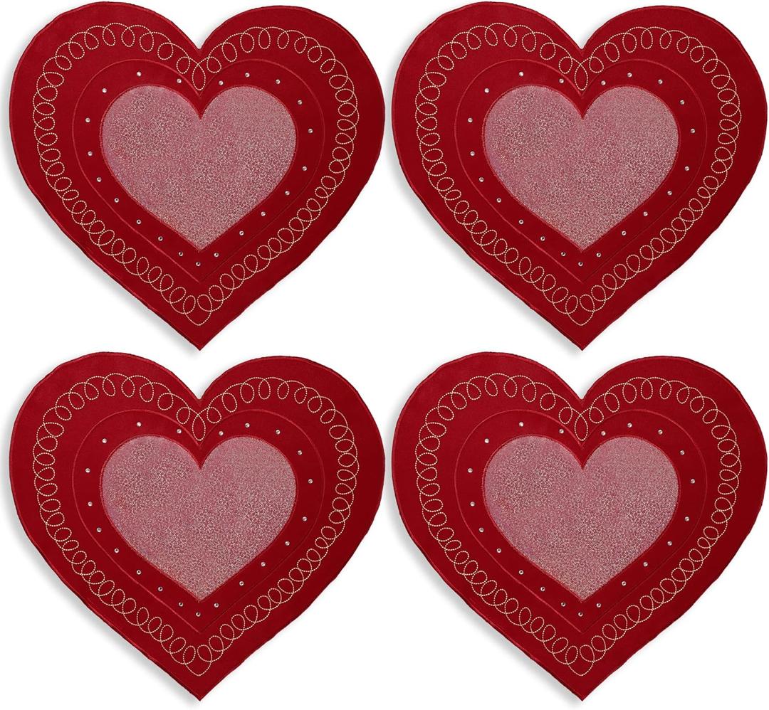 OWENIE Valentines Day Heart Placemats Set of 4, Embroidered Red Gillter Heart with Sequins Valentines Table Mats, and Wedding Table Decor,13.5 x 15, Red