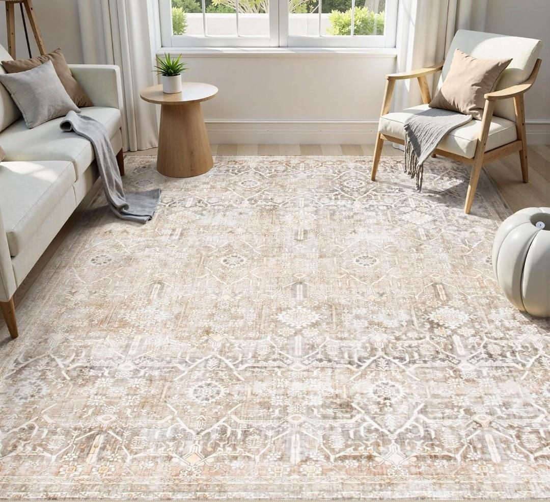 Collive Washable Area Rug 8x10, Neutral Boho Rugs for Living Room Rugs 8x10 Non Slip Farmhouse Modern Bedroom Carpet Stain Resistant Aesthetic Print Accent Floor Mat for Dining Guest Office - Beige