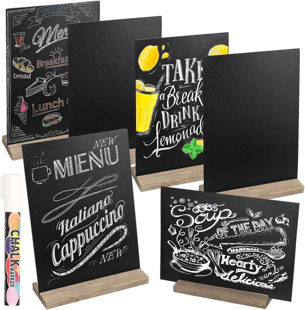 6 Pack Mini Chalkboard Signs with Base Stands, Vintage Tabletop Chalkboard Sign Double Message Chalk Board for Table Decorations, Restaurant Food Display, Small Business, Wedding, Banquet, Coffee Shop