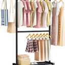 Double Clothing rack, Clothes Rack for Hanging Clothes- 50" Adjustable Rod Rolling Metal Garment Rack with Wheels, Load 150 LBS, Black