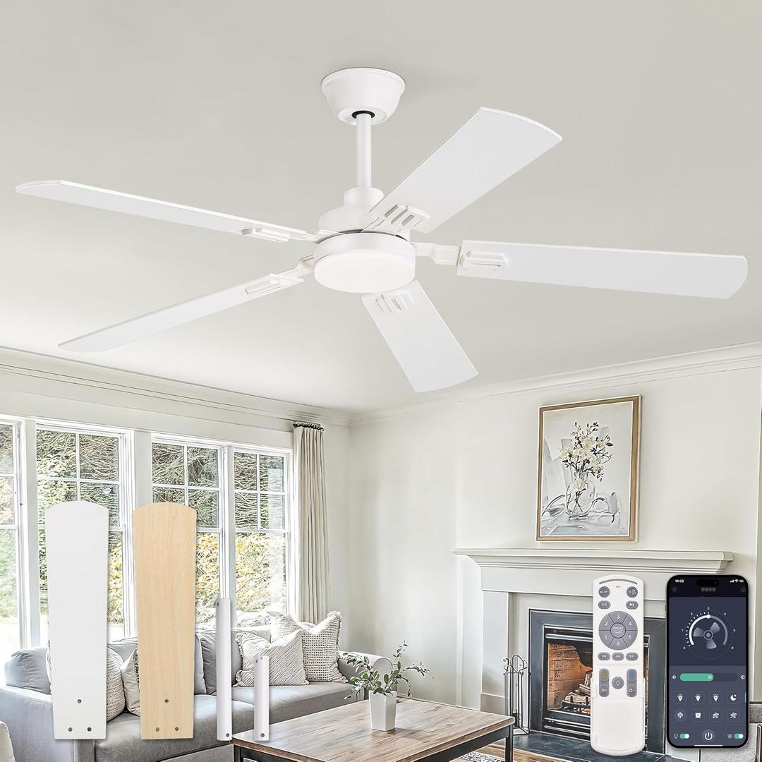 ZMISHIBO 52" Ceiling Fans with Lights, White Modern Ceiling Fan with Remote, bedroom Indoor Ceiling Fan with Dual Finish Blades, Quiet & Strong Motor, Bright LED Light.
