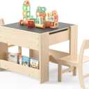 4-in-1 Kids Desk with 2 Chairs - Birch Wood Activity Table with Reversible Whiteboard and Chalkboard, 3 Storage Compartments for Kids for Painting, Reading and Crafts