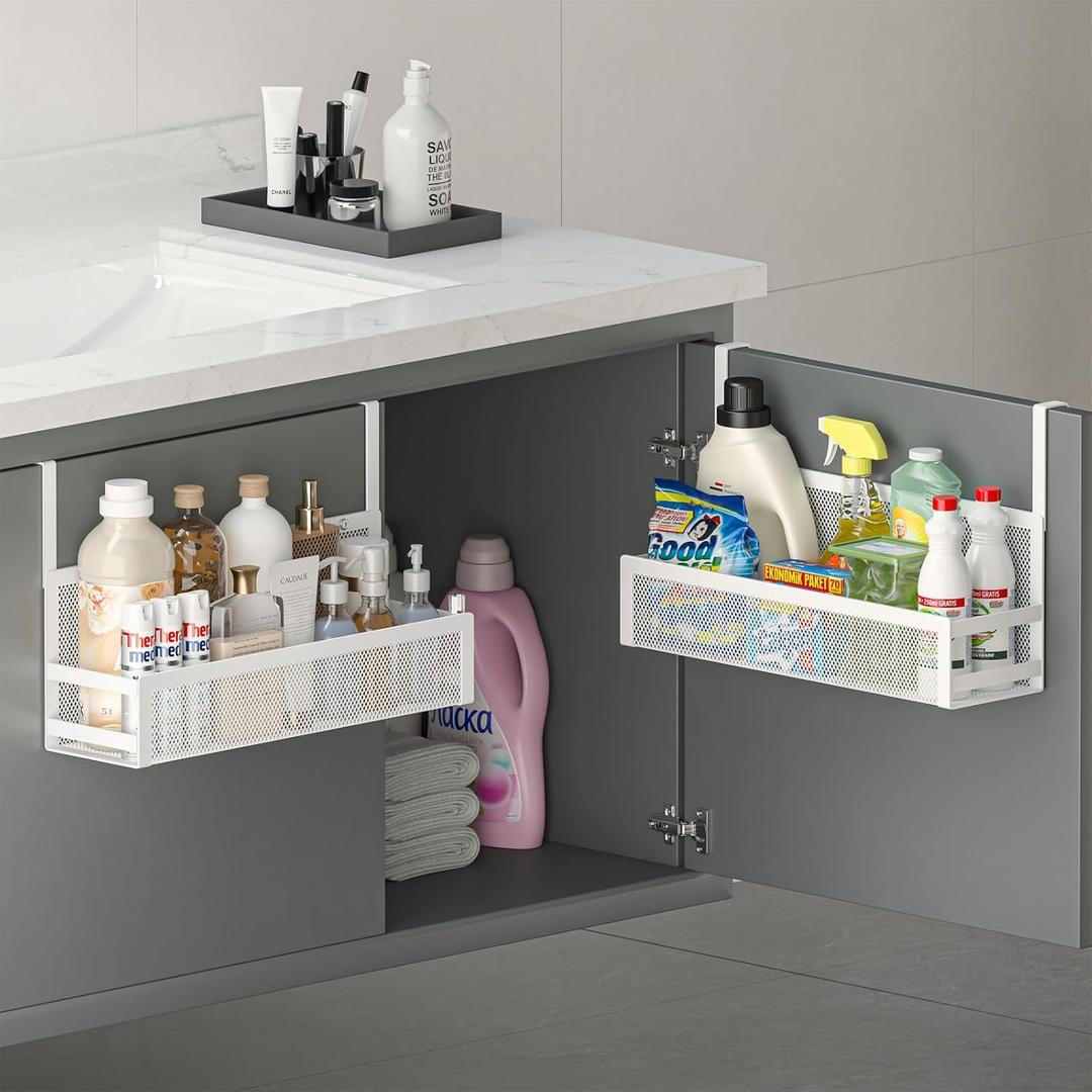 Hanging Bathroom Baskets Fine Mesh Wire Storage Basket Over Cabinet Door Organizer No Drilling Required for Kitchen Bathroom Office, Large, 2 Pack (White)