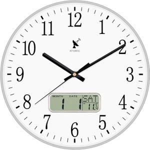 Lumuasky Atomic Analog Wall Clock - 12" Auto DST with LCD Display for Perpetual Calendar and F Temperature Non-Ticking Silent Battery Operated Reloj de Pared - Silver