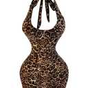 SweatyRocks Women's Leopard Print Halter Dress Backless Bodycon Mini Club Party Cheetah Dresses Coffee Brown Large