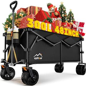 300L Extra Large Collapsible Foldable Wagon, 440lbs Load Capacity 48''L Extended Heavy Duty Folding Beach Wagon with Big All-Terrain Wheels, Utility Garden Cart for Outdoor Activities, Black