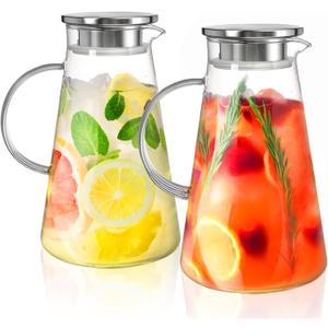 Nicunom 2 Pack 68 oz Glass Pitcher with Lid, BPA-Free Glass Water Jug Carafe Heat Resistant Ice Tea Pitcher for Juice, Sangria, Lemonade, Milk, Coffee, Cold and Hot Beverages