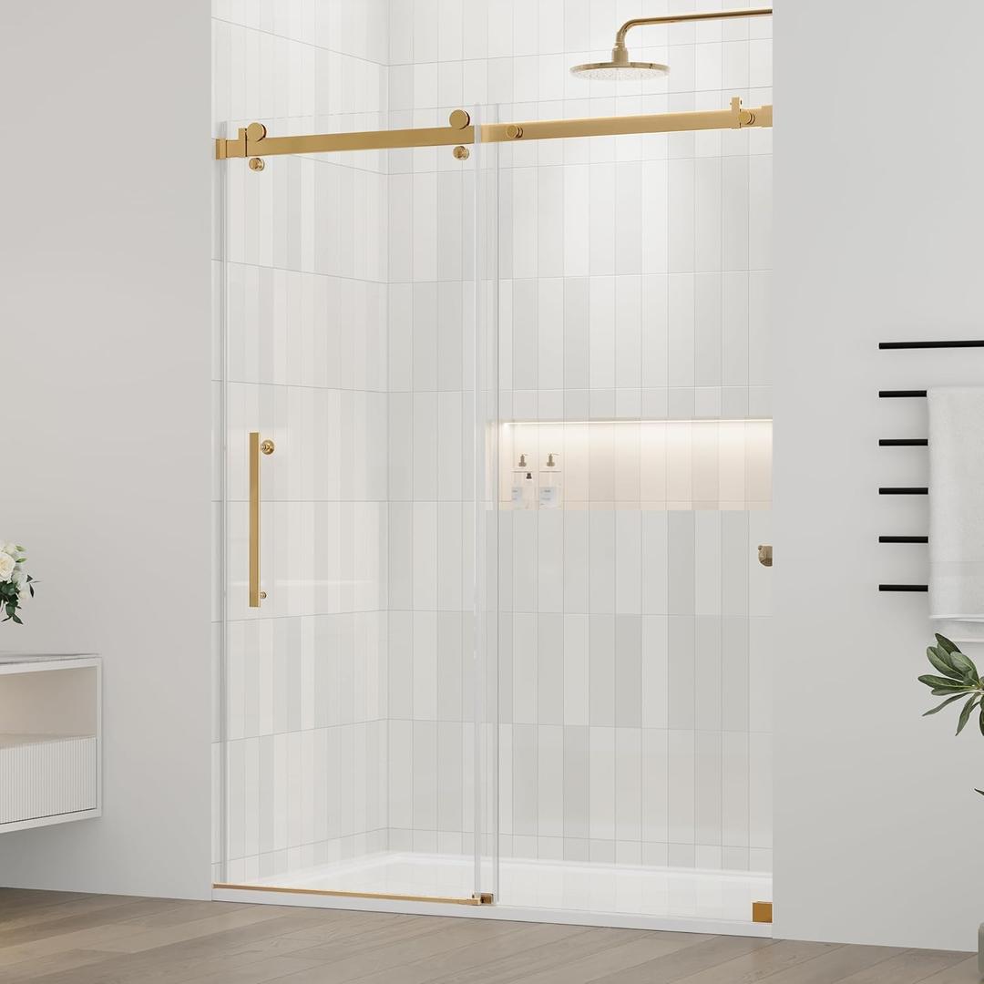 DELAVIN 56-60.in W x 75.in H Frameless Shower Door, Water Repellent Gold Shower Door with SGCC Certified Clear Tempered Glass, Easy Sliding Showe Door with Explosion-Proof Film, Stainless Steel